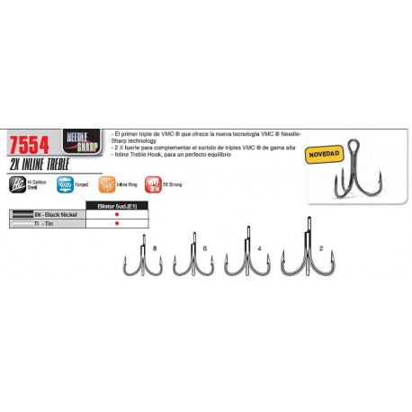Hameçon Triple VMC 7554 2X Renforcé - N°2 - Lot De 5 Pièces - Pour Pêche Sportive